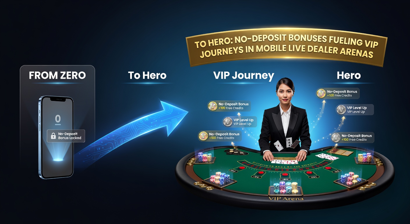 VIP-Spieler am mobilen Live-Blackjack-Tisch mit No-Deposit-Bonus-Ikone und Stufenleiter zum Hero-Status