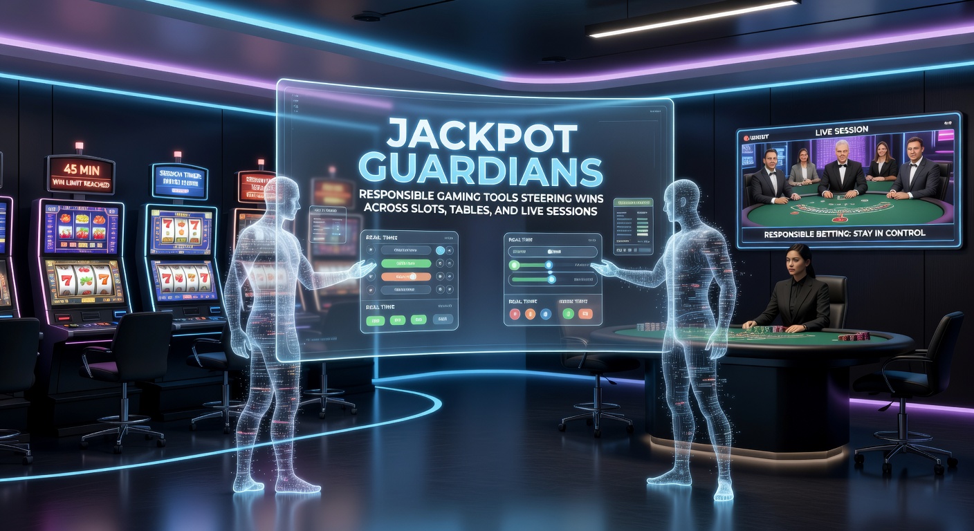 Grafik zeigt verantwortungsvolle Gaming-Tools wie Limits und Selbsttests in einem modernen Online-Kasino-Interface mit Slots und Live-Dealer im Hintergrund