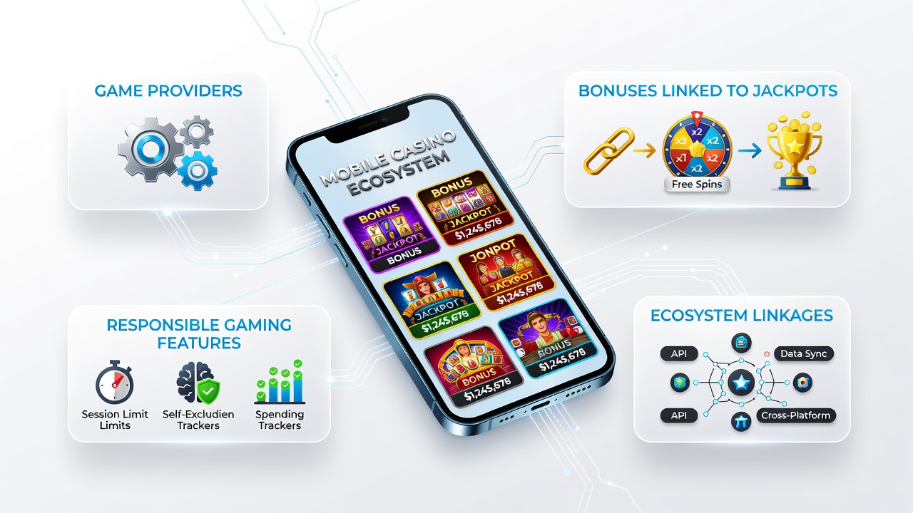 Darstellung verknüpfter Bonus-, Jackpot- und Schutzfunktionen in einer mobilen Casino-App