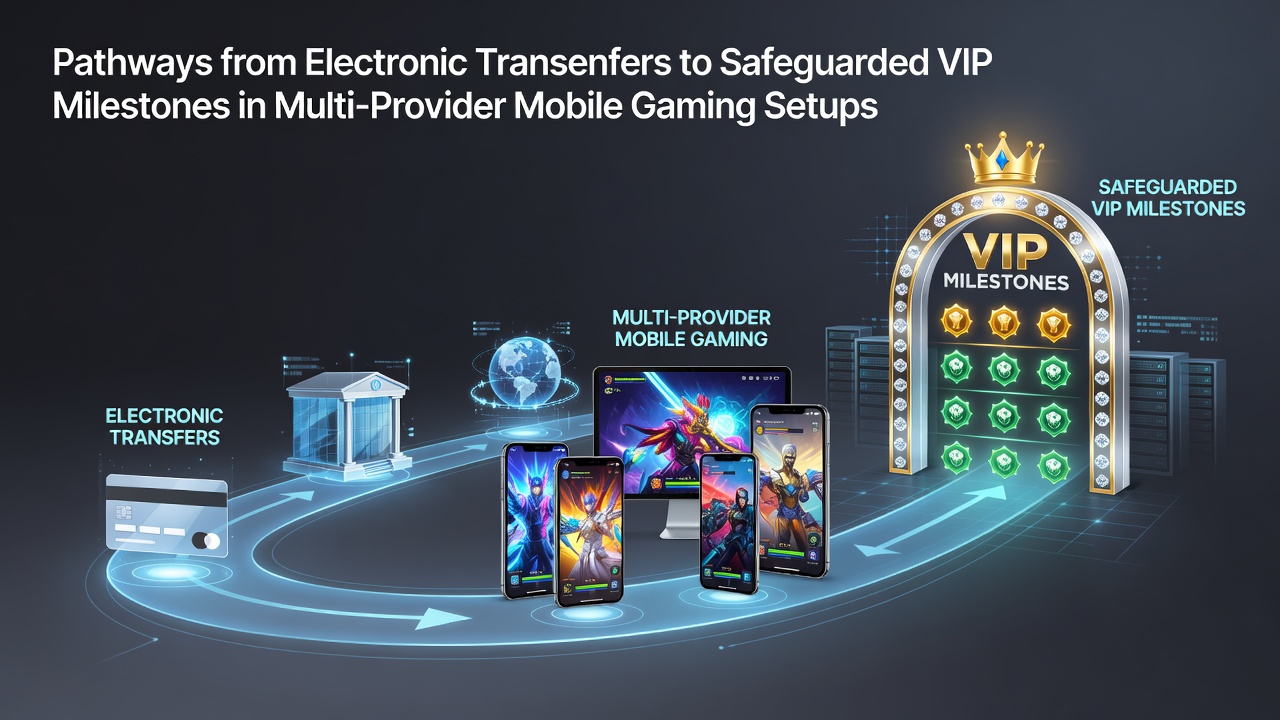 Illustration showing electronic transfers leading to VIP milestones in mobile gaming setups with multiple providers