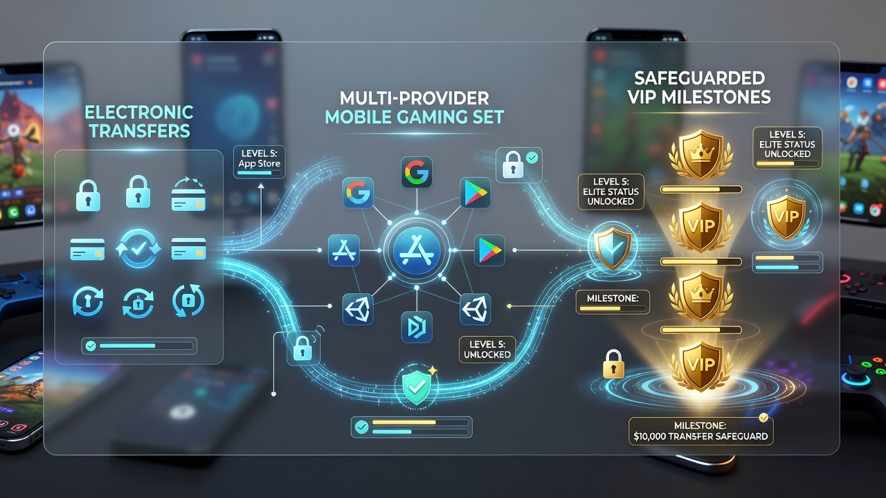 Diagram of safeguarded pathways connecting electronic transfers to VIP milestones across mobile gaming providers